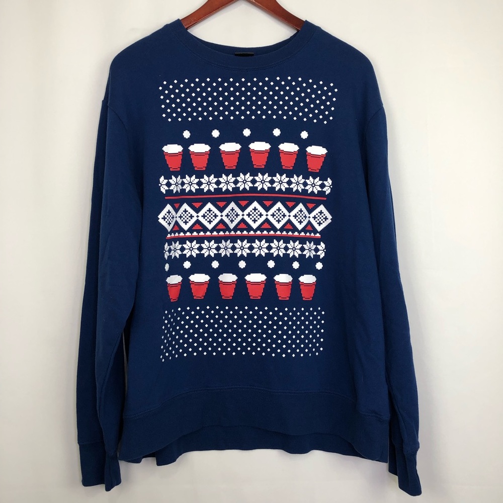 Mad Engine Beer Pong Ugly Christmas Sweater Men’s 2X Blue Long Sleeve Party